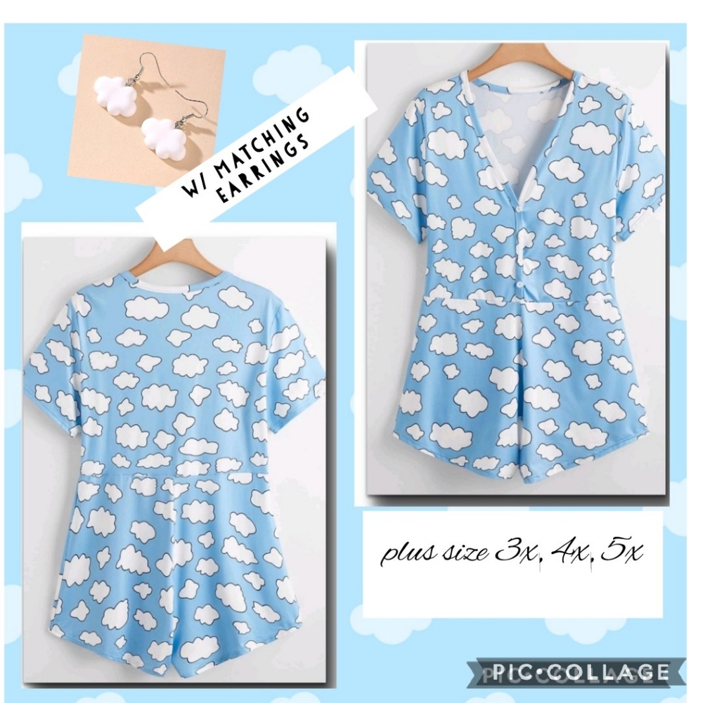 4X & 5X cloud print Pajama romper with Earrings